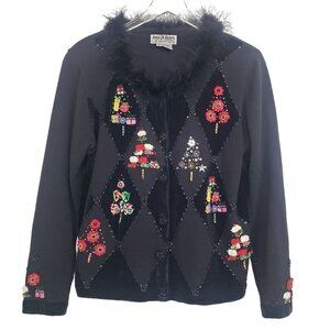 Jack B Quick Embellished Holiday Cardigan Sequins Beaded Faux Fur Womens Large